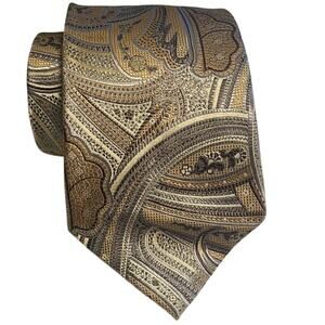 Tasso Elba men's silk paisley necktie - Tie Brown/Beige Silver/Gold tone Tie